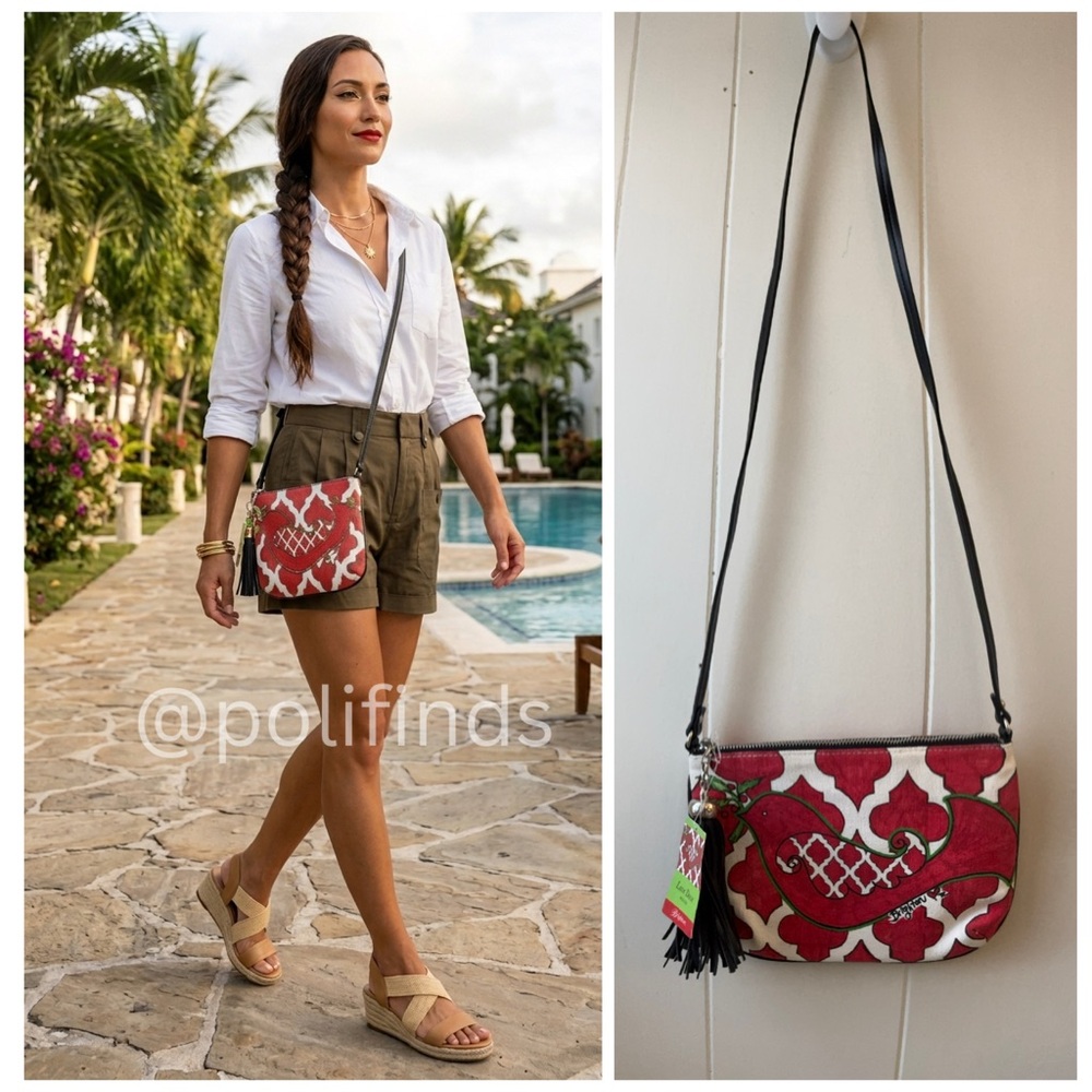 BRIGHTON Red Love Dove Canvas with Tassel Single Compartment Crossbody Bag